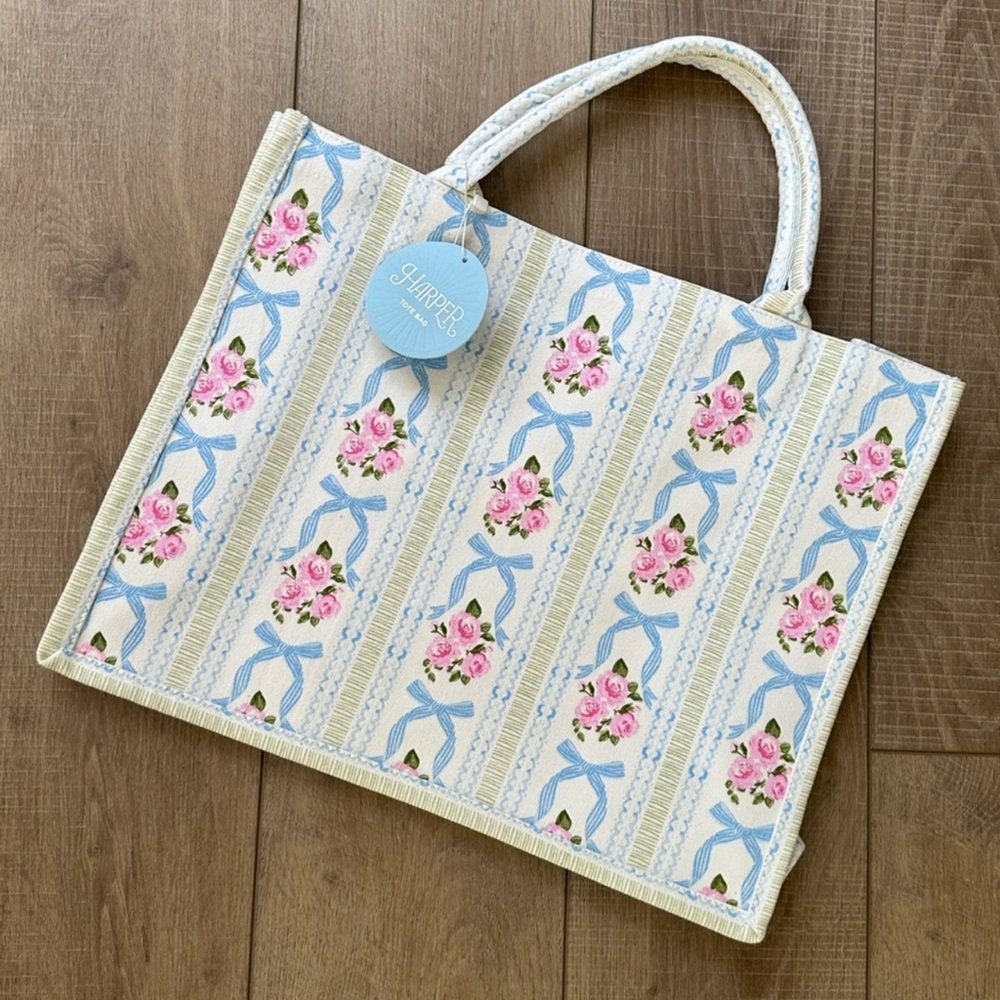 Harper Delphine Blue Bow and Pink Rose Floral Tote Bag NWT